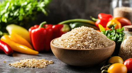 A large bowl of dry brown short-grain rice on a kitchen countertop, next to fresh vegetables.の素材