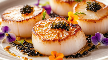 A luxurious plate of gourmet scallops with vibrant flowers and caviar, creating a colorful and refined seafood dish.の素材