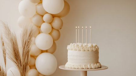 A minimalist birthday setup featuring a single-tier cake, neutral balloons, and stylish decor.の素材