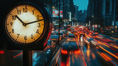 A long exposure shot of cars in motion during rush hour, with a fast-spinning clock showing the urgency of time.の素材