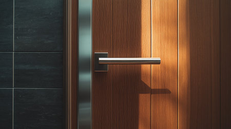 A modern, minimalist door handle in chrome finish, attached to a smooth, contemporary door with stylish proportions.の素材