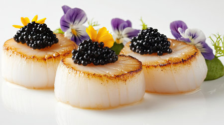 A luxurious dish of seared scallops topped with edible flowers and premium caviar, served in a minimalist arrangement.の素材