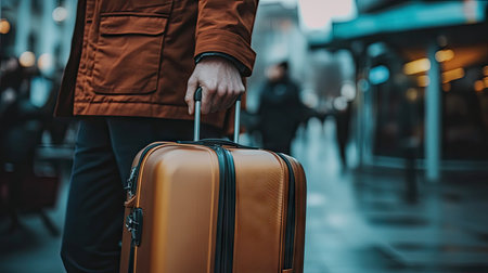 A man's hand wrapped around the handle of a suitcase as he stands outside, ready to embark on a journey in an urban environment.の素材