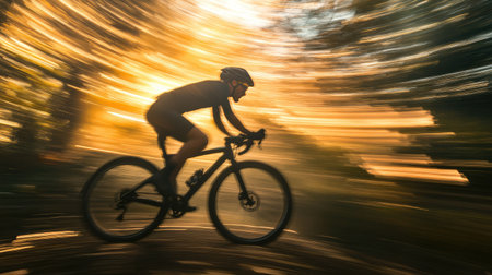 A long exposure shot of a cyclist on a gravel bike, creating light streaks and motion blur.の素材