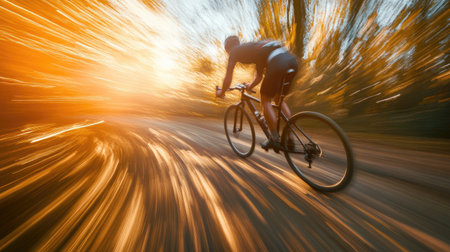 A long exposure shot of a cyclist on a gravel bike, creating light streaks and motion blur.の素材