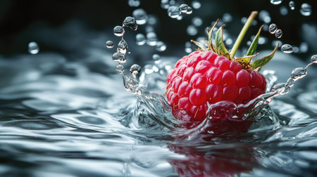 A juicy raspberry breaking the water's surface, sending ripples and droplets flying in all directions.の素材