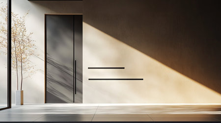 A modern door handle with a matte finish and sharp design, attached to a minimalist door in a sleek, modern interior.の素材
