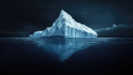 A lone iceberg in dark waters, its true scale hidden beneath the surface, symbolizing unseen danger.の素材