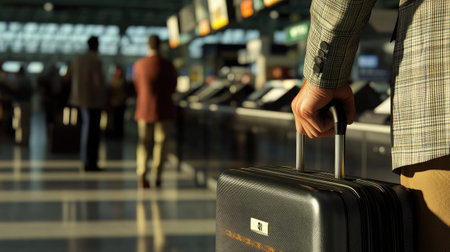 A man's hand gripping a suitcase handle, with an airport check-in counter and bustling travelers in the background.の素材