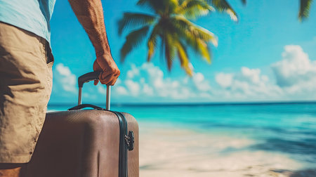A man's hand holding a suitcase handle with a backdrop of a tropical beach and the ocean, ready to set off on a vacation.の素材