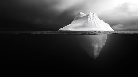A lone iceberg in dark waters, its true scale hidden beneath the surface, symbolizing unseen danger.の素材