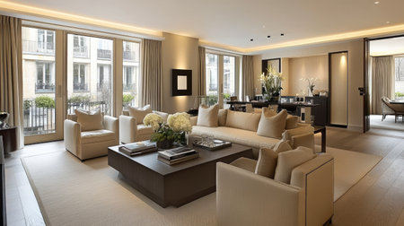 A luxury apartment's open-plan living space with a neutral color palette, modern furniture, and a stylish, minimalist design.の素材