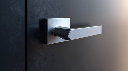 A minimalist modern door handle on a smooth door, with a focus on its geometric shape and the smooth door surface.の素材