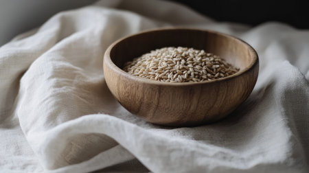 A minimalist shot of a wooden bowl with dry brown short-grain rice, placed on a cloth napkin.の素材