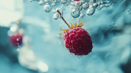 A minimalist composition of a single raspberry slowly descending in clear water with rising bubbles.の素材