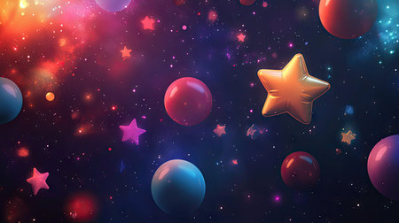A mix of star and round-shaped balloons floating on a cosmic, deep-space gradient.の素材