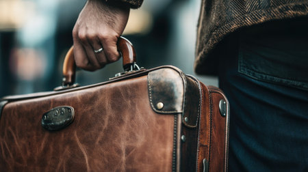A man's hand gently holding the handle of a stylish suitcase, symbolizing the start of a business or vacation trip.の素材