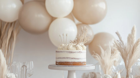 A minimalist birthday setup featuring a single-tier cake, neutral balloons, and stylish decor.の素材