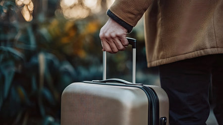 A man's hand gently holding the handle of a stylish suitcase, symbolizing the start of a business or vacation trip.の素材