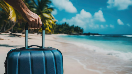 A man's hand holding a suitcase handle with a backdrop of a tropical beach and the ocean, ready to set off on a vacation.の素材