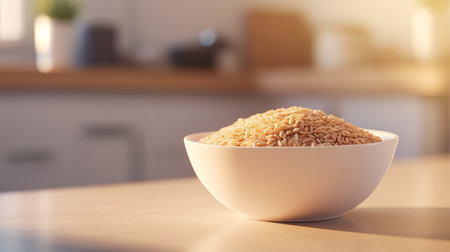 A minimalist kitchen scene featuring dry brown short-grain rice in a clean, white bowl, with a soft blurred background.の素材