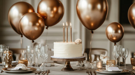 A luxurious birthday table with a designer cake, metallic balloons, and elegant tableware.の素材