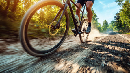 A low-angle shot of a cyclist on a gravel bike, with motion blur on the tires and surroundings.の素材