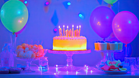 A neon-themed birthday party table with a glowing cake, bright balloons, and LED lights.の素材