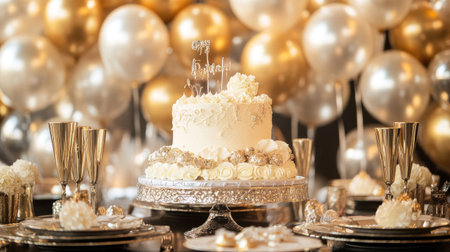 A luxurious birthday table with a designer cake, metallic balloons, and elegant tableware.の素材
