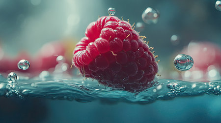 A minimalist composition of a single raspberry slowly descending in clear water with rising bubbles.の素材
