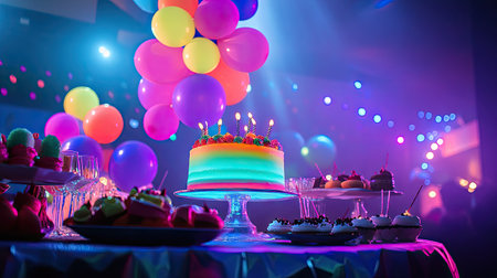 A neon-themed birthday party table with a glowing cake, bright balloons, and LED lights.の素材