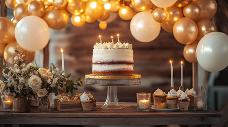 A rustic birthday setup with a homemade cake, vintage balloons, and warm lighting.の素材