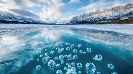 A mesmerizing view of ice bubbles rising and freezing within a deep frozen lake.の素材