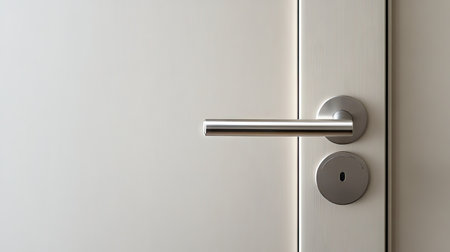 A modern door handle in silver, installed on a light-colored door, capturing the minimalist aesthetic of contemporary design.の素材
