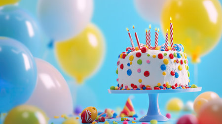 A playful birthday scene with a candy-covered cake, floating balloons, and party favors.の素材