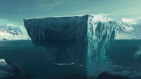 A massive iceberg floating in the ocean, with its hidden underwater portion revealing an ominous size.の素材