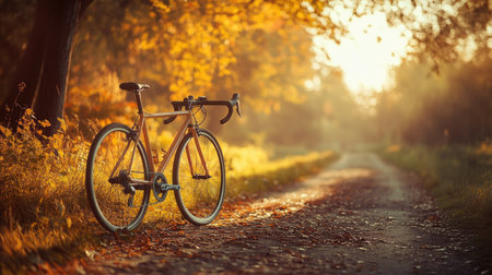 A modern gravel bike with a unique frame shape, captured in soft morning light.の素材