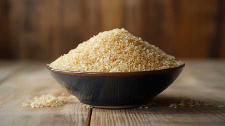 A neat pile of dry brown short-grain rice spilling from a bowl, placed on a natural wooden table.の素材
