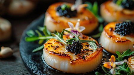 A luxurious dish of seared scallops topped with edible flowers and premium caviar, served in a minimalist arrangement.の素材