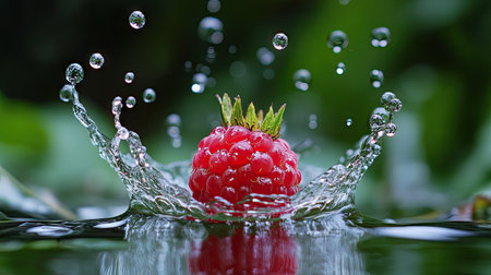 A raspberry hitting the water's surface, creating an elegant crown-shaped splash.の素材