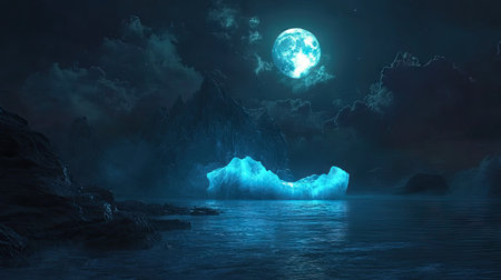 A mysterious iceberg glowing under moonlight, with an ominous shadow beneath the surface.の素材