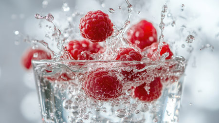 A refreshing splash as a cluster of raspberries plunges into a glass of water.の素材
