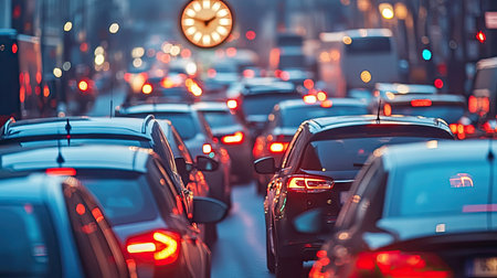 A shot of heavy traffic during rush hour with a clock spinning quickly in the background, reflecting the rush of time.の素材