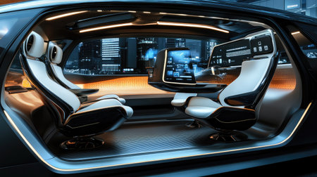 A panoramic view of the interior of an autonomous vehicle, featuring cutting-edge technology and plush seating.の素材