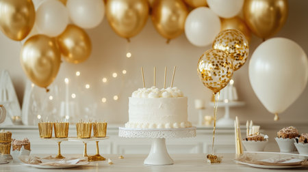 A party table with an elegant white-frosted cake, golden balloons, and a stylish backdrop.の素材