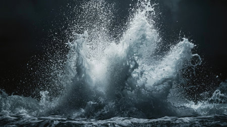 A powerful water splash exploding in mid-air, captured in high detail against a dark background.の素材