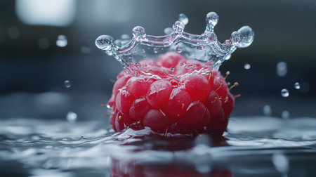 A raspberry hitting the water's surface, creating an elegant crown-shaped splash.の素材