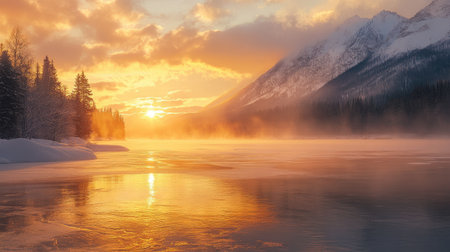 A peaceful frozen lake reflecting the golden hues of a winter sunrise.の素材