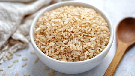 A shot of dry brown short-grain rice in a white bowl with a wooden spoon beside it, placed on a kitchen counter.の素材