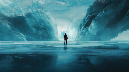 A person standing on a frozen lake, gazing at the mesmerizing ice formations below.の素材